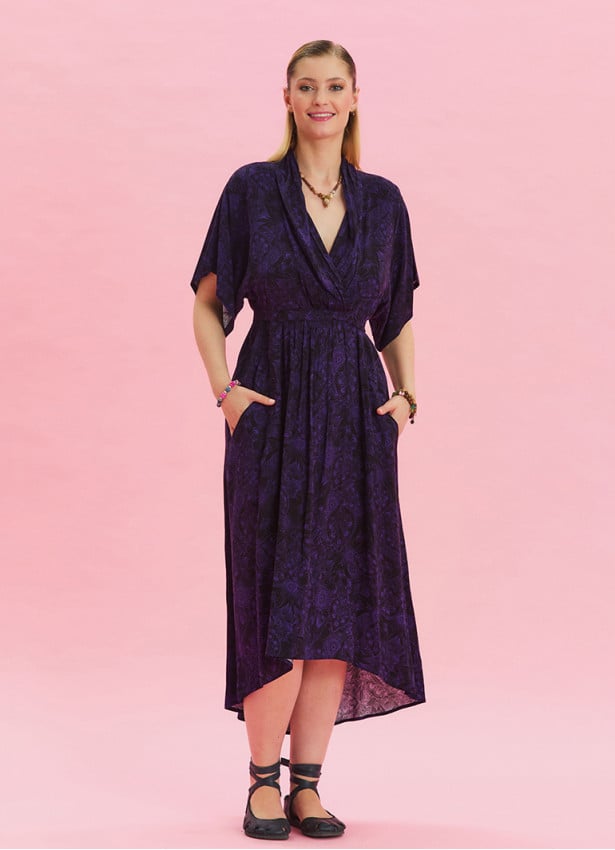 V Neck Gathered Detailed Purple Summer Dress 4533